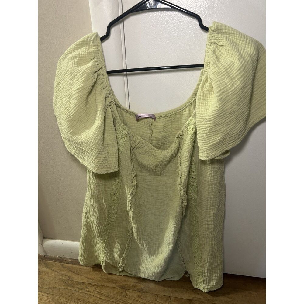 lalavon Mint Green Gauze Puff Sleeve Crochet Lace Trim Tunic Mini Dress